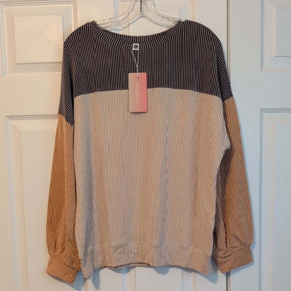Anyshow Colorblock Ribbed Long-sleeve Crewneck Top NWT